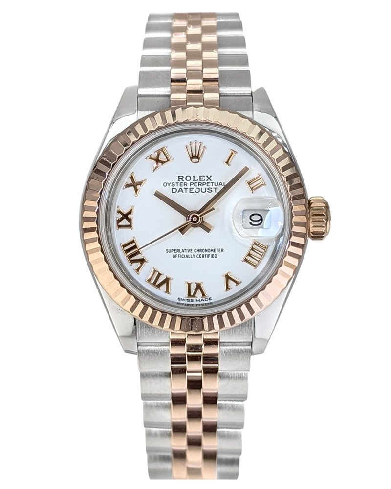 Rolex Datejust 28mm SS/RG Fluted Bezel White Roman Dial Jubilee Bracelet Auto Lady Watch