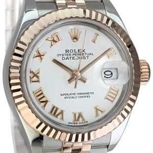 Rolex Datejust 28mm SS/RG Fluted Bezel White Roman Dial Jubilee Bracelet Auto Lady Watch
