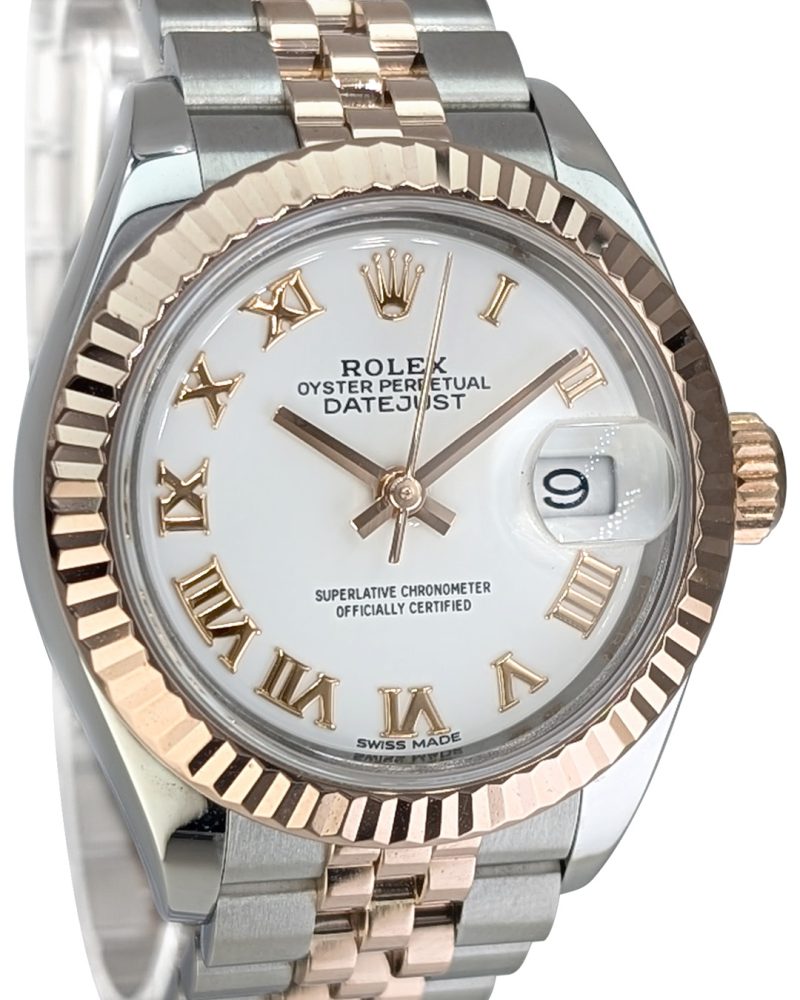 Rolex Datejust 28mm SS/RG Fluted Bezel White Roman Dial Jubilee Bracelet Auto Lady Watch